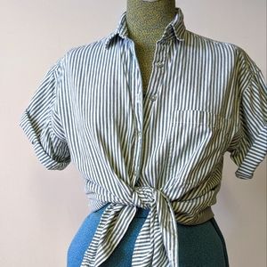Vintage Men's Short Sleeve Striped Green Button Up